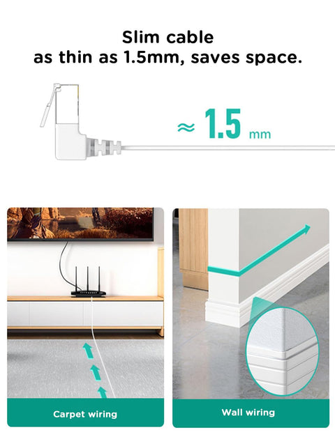 Two Pack Right Angle Cat6 Ethernet Cable 6Ft Flat Patch Cord White 90 Degree Up And Down Angles For Tight Spaces Behind Furniture Or Wall Plate High Speed 10Gbps LAN Cable shown for carpet and wall wiring installation
