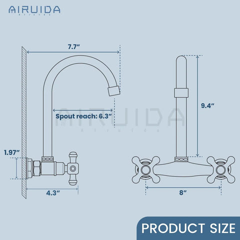 Dimensions of Antique Brass Wall Mount Kitchen Faucet With 8 Inch Center, 360 Degree Swivel Spout, Heavy Duty Commercial Tap