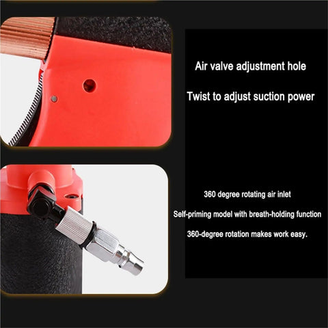 Close-up of Heavy Duty Air Rivet Gun Kit showing red air valve adjustment hole and 360-degree rotating air inlet.
