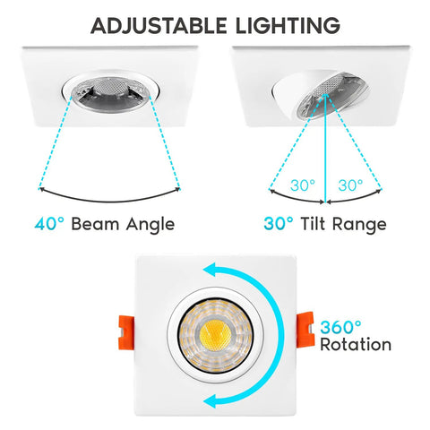 Square Recessed LED Light Kit 3 Inch Adjustable Gimbal Downlights 4 Pack 3000K 4000K 5000K Color Options Dimmable Canless