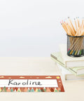 Moving Mountains Desk Nameplates Set Of 30 For Classroom And Office Decor on desk with books, pencils in colorful pattern, 4.1x12.6 inches.