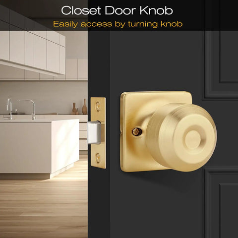 Gold closet door knob with square plate on black door, modern kitchen background.