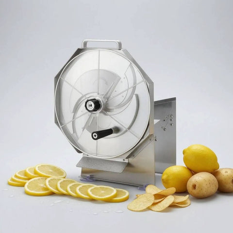 Beefy Stainless Steel Manual Slicing Machine With Guard Plate Baffle And Hand Crank Spare Parts For Home Kitchen Use Built Like A Tank For Fast Precise Cuts next to sliced lemons and potatoes.