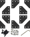 10 Piece L Shape Corner Brackets For 20x20 Aluminum Profiles 60x60x4mm Heavy Duty Pro Grade Joint Plate Connector Set With 50 Tee Nuts 50 Hex Screws And 1 Wrench Black Anodized Finish 2020 Series image showing brackets, nuts, screws, and wrench.