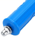Heavy Duty Pipe Cleaning Spiral With Six Precision Cutting Heads And Three Meter Cable To Kick Out Stubborn Kitchen Sink And Bath Clogs No Sweat Using Solid Alloy Steel Construction close-up of blue plastic handle with metal connector.