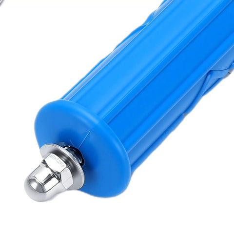 Close-up of Badass 9.8 Ft Pipe Drain Auger Snake Tool, 12mm alloy steel build with blue handle for tackling clogs.