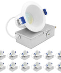 Top Shelf 3 Inch Led Recessed Ceiling Lights With Junction Box, Five Way Cct Switch, 8W 840 Lumen Output, Dimmable Canless Downlight, Wet Ic Rated For No Sweat Setup, Hella Bright Finish, Real Deal Lighting, 12 Pack - Close-up view of one light fixture with junction box.