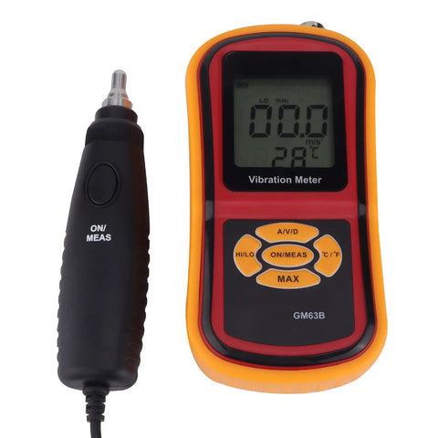 Real Deal Digital Vibration Meter With Dead Accurate Piezoelectric Sensor Handheld Portable Industrial Vibrometer Analyzer and Data Logger featuring clear LCD panel.