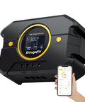 30A PWM Solar Charge Controller For 12V/24V Systems With Backlit Display And USB Port shown with mobile app interface