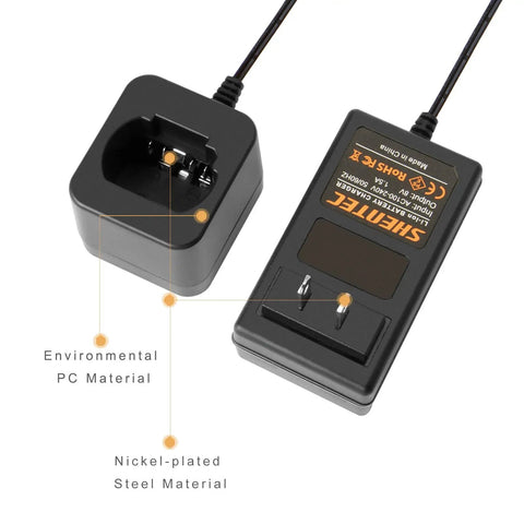 Top view of 8V Li Ion Charger For Pod Style Battery Compatible With DCB080 DCF680N1 DW4390 DCF680N2 DCF680G2 100 To 240V AC Input 8V 1.5A Output Short Circuit Protection, showing environmental PC and nickel-plated steel materials.