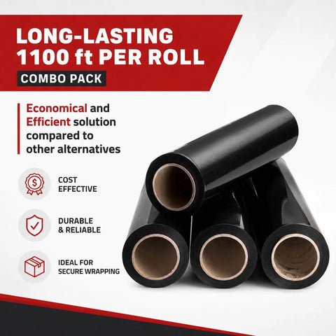 Heavy Duty Black 18 Inch Stretch Wrap 80 Gauge 20 Pack For Moving Furniture Protection And Pallet Wrapping That Stays Put And Keeps Your Stuff Safe And Secure, 4 rolls stacked