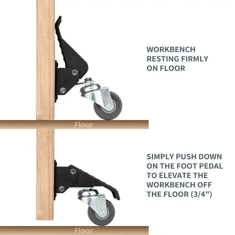 Heavy Duty Workbench Caster Kit With Four Two And A Half Inch Swivel Wheels And Four Hundred Pound Capacity, retractable stepdown casters lifting workbench
