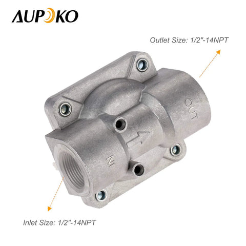 Aupoko gas grill regulator, 1/2"-14NPT, cast metal body with inlet and outlet ports side view