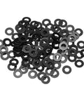 Tough M2 Nylon Flat Washers In Matte Black, 120 Piece Bulk Pack arranged on a surface, ideal for screws and bolts.