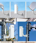 No Sweat Universal Wireless Bridge Bracket For Satellite TV And CPE Antenna Pole Mount With 160 Degree Tilt and Badass Grip Design, Quick Wall Install Kit, Rock Solid Signal Connection, 2 Pack displayed with various antennas and cameras mounted.
