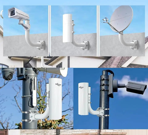 No Sweat Universal Wireless Bridge Bracket For Satellite TV And CPE Antenna Pole Mount With 160 Degree Tilt and Badass Grip Design, Quick Wall Install Kit, Rock Solid Signal Connection, 2 Pack displayed with various antennas and cameras mounted.