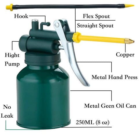 Two green metal oil can set with 3 spouts, 9in flexible and 3in straight nozzles (250ml)