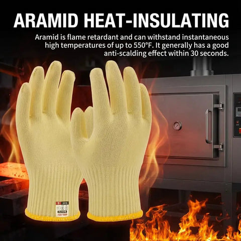 Yellow aramid cut resistant gloves with heat protection up to 550F, in front of oven with flames, ANSI Level 5 safety.