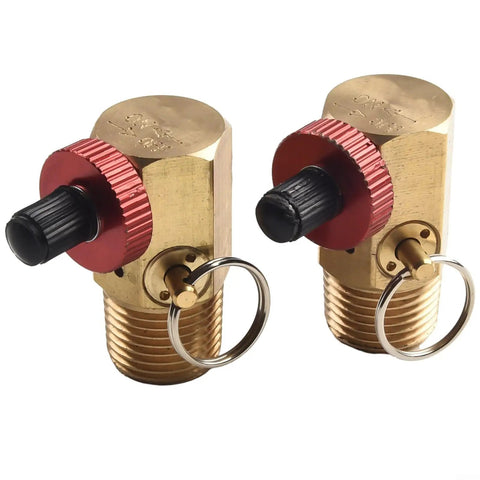 Replacement Air heavy duty brass air compressor manifold with red knobs for flow control, two units side by side.