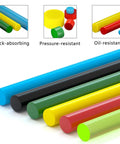 Colorful polyurethane rods showing shock-absorbing, pressure-resistant, and oil-resistant properties, including green rod.