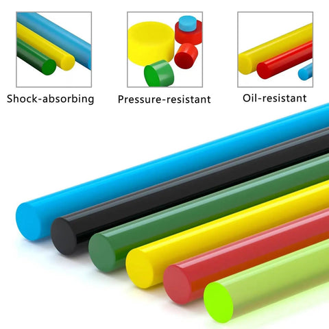 Colorful polyurethane rods showing shock-absorbing, pressure-resistant, and oil-resistant properties, including green rod.
