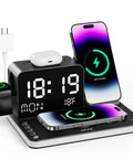Seven In One Wireless Charging Station For Apple Devices All In One Stand With 30W Fast Charge Powers iPhone 12 13 14 15 16 17 Pro Max Apple Watch AirPods And Bluetooth TimeSyn with devices charging