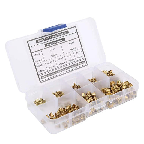 Boss Grade 650 Piece Brass Eyelets And Rivets Hardware Kit With Hollow Metal Buttonholes, assorted sizes in clear storage box.