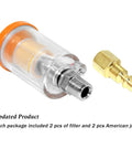Hella Heavy Duty Water Oil Separator Filter For Air Compressor with clear body, brass fitting, and orange cap, pack of two.