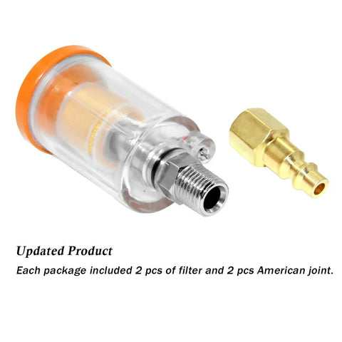 Hella Heavy Duty Water Oil Separator Filter For Air Compressor with clear body, brass fitting, and orange cap, pack of two.
