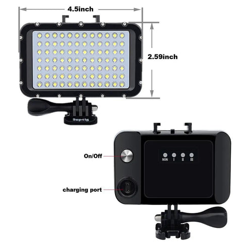 Front and back view of Underwater Video Light With 84 LED Power, Dimmable Waterproof Dive Light for GoPro, 4.5x2.59 inch size.