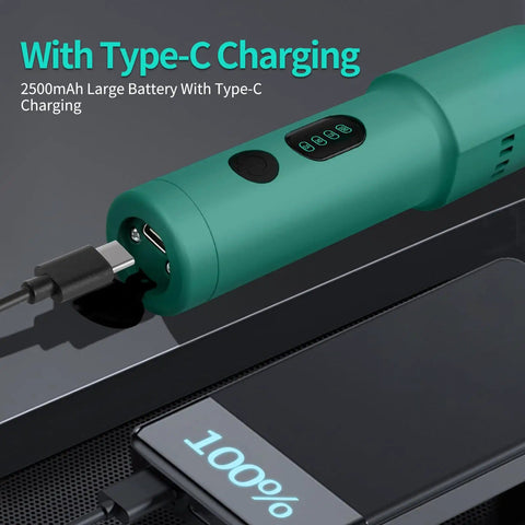 Electric Wood Carving Tool Kit For Beginners And Pros A Versatile Precision Engraving Set With 20 Blades shown with Type-C charging.
