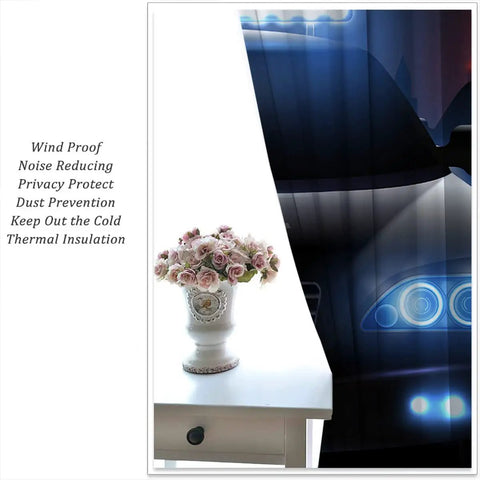 Patrol Wagons Themed Blackout Curtains For Kids Room Decor With City Police Cars And Warning Lights, Rod Pocket Thermal Insulated