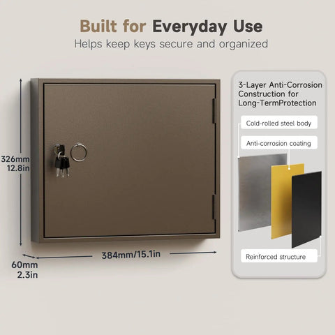 Front view of 60 Key Lock Box with Anti Pry Recessed Door, steel cabinet for office, school, rental, and garage use; size details shown.