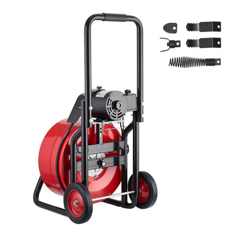 Full Throttle Auto Feed Sewer Snake Auger 100 Ft Steel Cable on wheeled cart with motor for tough drain clogs.