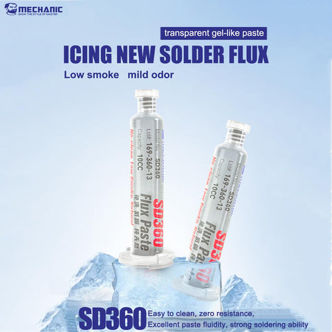 SD360 No Clean Solder Flux Paste Ultra Low Residue Low Smoke Transparent Welding Flux with two 10cc syringes
