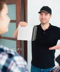 Delivery person presenting White Poly Mailer Envelopes 16x22 Inches Self Sealing Shipping Bags Waterproof Tear Resistant