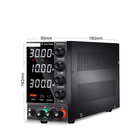 Adjustable 0 To 30 Volt DC Power Supply For Electronics Lab Bench Four Digit Display Switching Regulated Bench Supply Handy For Computer Repair Mobile Repair LED Projects Battery Charging And Education, black 142mm x 190mm unit