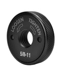 No Fuss Quick Swap Angle Grinder Flange Nut With 5 8 11 Threads, heavy-duty steel, 2x2 inch, black finish, tool-free use.