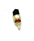 Mteycei engine coolant temperature sensor; brass threaded body, red O-ring, black plastic connector (angled view).