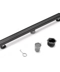 36 Inch Stainless Steel Linear Shower Drain With Tile Insert Tray And Flat Cover in Matte Black Finish, shown with components