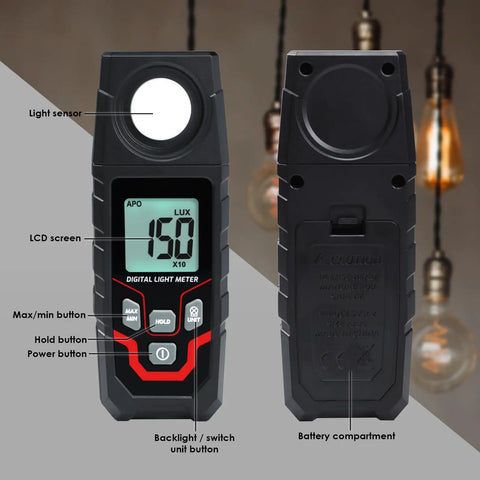 High Accuracy Handheld Light Meter With Lux And FC Switchable Units Measures 0.1 To 200000 Lux And 0.01 To 20000 FC LCD Backlit Display Ideal For Indoor Outdoor Film Photography And Lighting Setup, front and back views