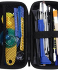 No Sweat 37 Piece Watch Repair Kit And Smartphone Teardown Set With Precision Drivers Case Opener tools organized in a black zip case.