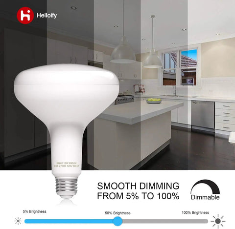 Dimmable BR40 LED Flood Light Bulb 12W 75W Equivalent 2700K Soft White in kitchen showing smooth dimming feature.