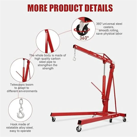 Shop Essential Two Ton Hydraulic Engine Hoist With Six Swivel Rollers And Quick Fold Frame showing steel construction and 360° swivel casters.