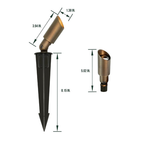 Solid Brass Landscape Spotlight With Low Voltage 12V AC DC Outdoor Uplight For Garden Patio And Trees 180 Lm 3W MR8 LED Bulb Ground Stake 2700K Warm White Built To Last Brass Construction with dimensions shown