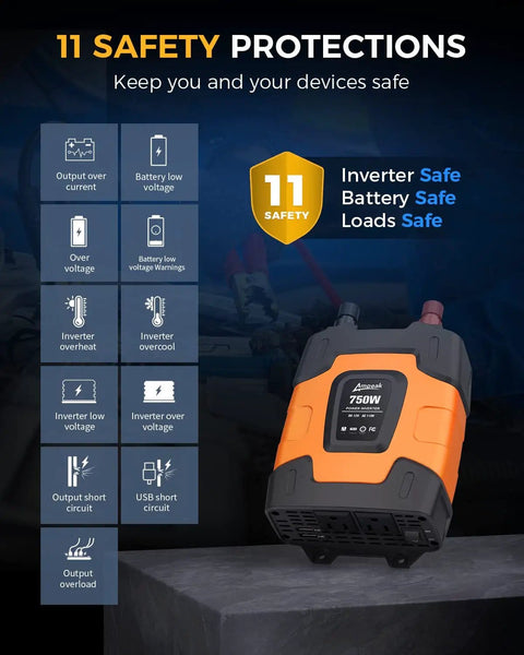 On The Go 750W Car Power Inverter With 2 AC Outlets And Dual USB Ports 12V DC To 110V AC 1500W Peak showing 11 safety protections