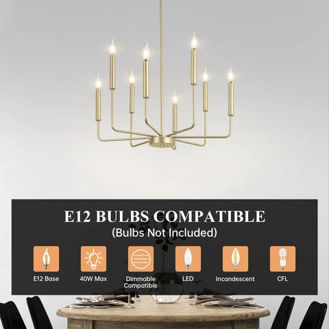Totally Chic Modern Farmhouse Gold 8 Light Chandelier For Dining Room And Living Spaces, Rustic Industrial Ceiling Light with Candle Bulbs