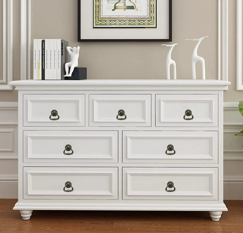 White dresser with antique brass cabinet pulls 4 pack ring pulls for dresser drawers, showcasing vintage single hole mount hardware.