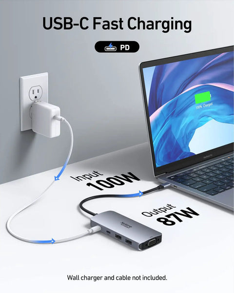 USB C Docking Station Beast For 3 Monitor Setup With Dual HDMI And DisplayPort Plus VGA, 100W PD Charging in use with laptop