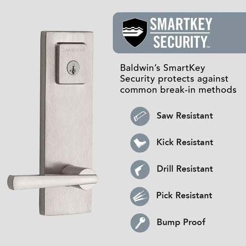 Spyglass Single Cylinder Front Door Handleset With SmartKey Security In Satin Nickel Prestige Series Modern Slim Door Handleset With Square Lever Easy Rekey For A Slick Street Ready Home Entry showing safety features